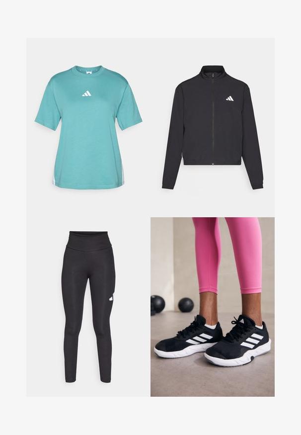 adidas Performance TRAIN ESSENTIALS 3 STRIPES WARM UP - Casaco de treino - black/white; T-shirt de algodão turquesa com mangas curtas, decote redondo e logótipo branco da Adidas no peito. Os detalhes laterais apresentam riscas brancas.; Leggings pretos de cintura alta feitos de um tecido liso e elástico, com um logo branco no lado esquerdo. Design ajustado sem padrões.; Sapatos de treino pretos com riscas brancas, parte superior em malha texturizada e sola branca. Usados com leggings cor-de-rosa, destacando roupa de treino.