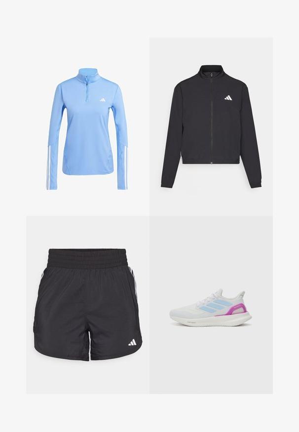 adidas Performance TRAIN ESSENTIALS 3 STRIPES WARM UP - Training jacket - black/white; Light blue long-sleeve top with a quarter-zip collar, featuring white Adidas logo and three white stripes along the sleeves. Smooth fabric texture.; Black athletic shorts with an elastic waistband, side pockets, and white stripe accents on the sides. Made of lightweight material.; adidas Performance PUREBOOST 5 - Road running shoes - white/glow blue/purple burst