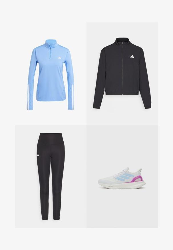 adidas Performance TRAIN ESSENTIALS 3 STRIPES WARM UP - Training jacket - black/white; Light blue long-sleeve top with a quarter-zip collar, featuring white Adidas logo and three white stripes along the sleeves. Smooth fabric texture.; Black high-waisted leggings made of stretchy fabric. Features a white logo on the left side and sleek, seamless design. Smooth texture.; adidas Performance PUREBOOST 5 - Road running shoes - white/glow blue/purple burst
