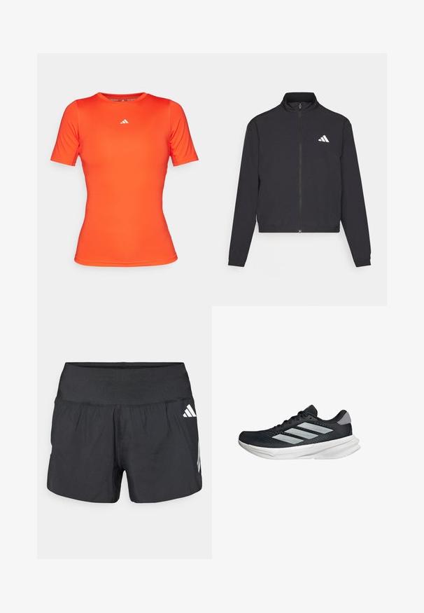 adidas Performance TRAIN ESSENTIALS 3 STRIPES WARM UP - Jakna za treniranje - black/white; adidas Performance TRAIN - Sportska majica - bright red; Crne sportske kratke hlače s širokim elastičnim pojasom, laganom tkaninom i bijelim logotipom na donjoj strani.; Crne trkačke tenisice s mrežastim gornjim dijelom, tri srebrne pruge, bijeli srednji sloj i teksturirani potplat. Sadrži podstavljeni ovratnik i zatvaranje s vezicama.