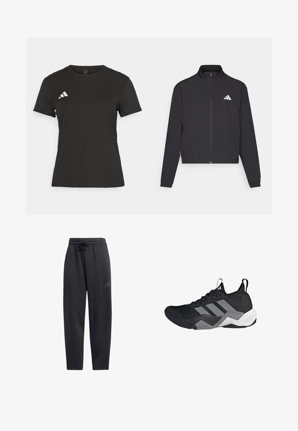 adidas Performance TRAIN ESSENTIALS 3 STRIPES WARM UP - Tréning dzseki - black/white; Fekete sportpóló sima anyagból. Kerek nyakkivágással, rövid ujjakkal rendelkezik, és fehér logó található a bal melle fölött.; Fekete melegítőnadrág, puha anyagból készült, rugalmas derékrésszel, húzózsinórral, egyenes lábakkal és egy diszkrét logóval a combon.; Fekete sportcipő, lélegző hálós felsőrésszel, szürke kiegészítőkkel, texturált talppal és három jellegzetes csíkkal az oldalon.