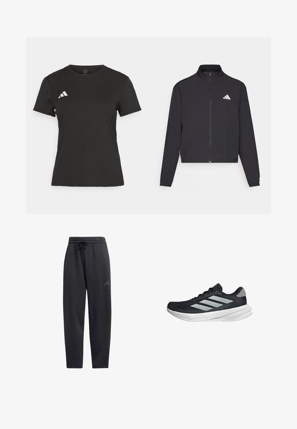 adidas Performance ESSENTIALS 3 STRIPES czarny; Czarna koszulka sportowa wykonana z gładkiego materiału. Posiada okrągły dekolt, krótkie rękawy oraz białe logo na lewej piersi.; Czarne dresy wykonane z miękkiego materiału, z elastycznym pasem ze sznurkiem, prostymi nogawkami i dyskretnym logo na udzie.; Czarny but biegowy z siateczkowym wierzchem, trzema srebrnymi paskami, białą podeszwą środkową i teksturowaną podeszwą zewnętrzną. Posiada wyściełany kołnierz i zapięcie na sznurówki.