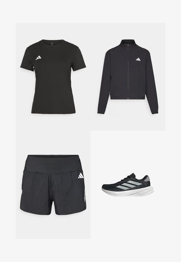 adidas Performance TRAIN ESSENTIALS 3 STRIPES WARM UP - Verryttelytakki - black/white; Musta urheilu t-paita, joka on valmistettu sileästä kankaasta. Siinä on pyöreä kaula-aukko, lyhyet hihat ja valkoinen logo vasemmassa rintataskun kohdalla.; Musta urheilushortsit, joissa on leveä joustava vyötärönauha, kevyt kangas ja valkoiset logokoristeet alaosassa sivulla.; Musta juoksukenkä, jossa on verkko-osa ylhäällä, kolme hopeista raitaa, valkoinen välipohja ja teksturoitu pohja. Varustettu pehmustetulla nilkkaremmeillä ja nauhakiinnityksellä.