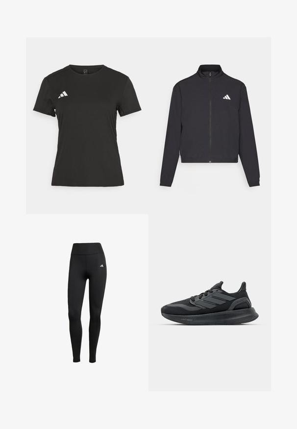 adidas Performance TRAIN ESSENTIALS 3 STRIPES WARM UP - Bluză de trening - black/white; Tricou sport negru, confectionat dintr-un material neted. Are un guler rotund, mâneci scurte și un logo alb în zona stângă a pieptului.; Leggings sportivi negri cu un talie înaltă. Realizate dintr-un material elastic, cu un detaliu al logo-ului alb în partea stângă sus.; Încălțăminte sport neagră cu un superior din plasă, panouri texturate, detalii cu trei dungi și o talpă curbată etichetată "LIGHT BOOST."