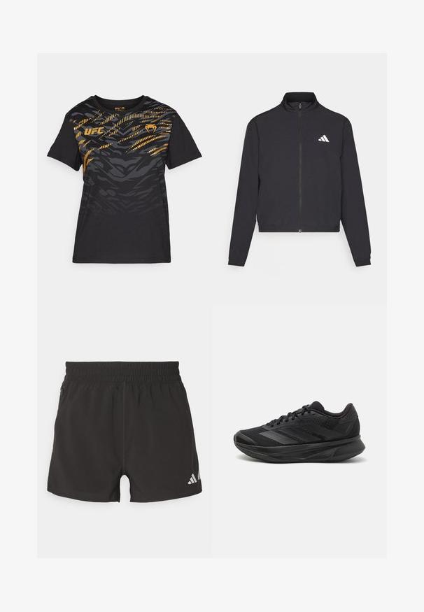adidas Performance TRAIN ESSENTIALS 3 STRIPES WARM UP - Sportinė striukė - black/white; Juodas trumpomis rankovėmis marškinėliai su tekstūriniu, abstrakčiu geltonu ir pilku raštu. Priekyje yra prekės ženklo logotipas. Pagaminta iš minkštos medžiagos.; Juodi sportiniai šortai, pagaminti iš lengvos medžiagos. Turi elastingą juosmenį, šoninį užtrauktuką kišenę ir atspindinčią logotipą ant apatinio krašto.; Juodas bėgimo batelis su kvėpuojančiu tinkliniu viršumi, suapvalintu kojų pirštu, stilingu dizainu, tekstūruotais akcentais ir paminkštintu padu komfortui.