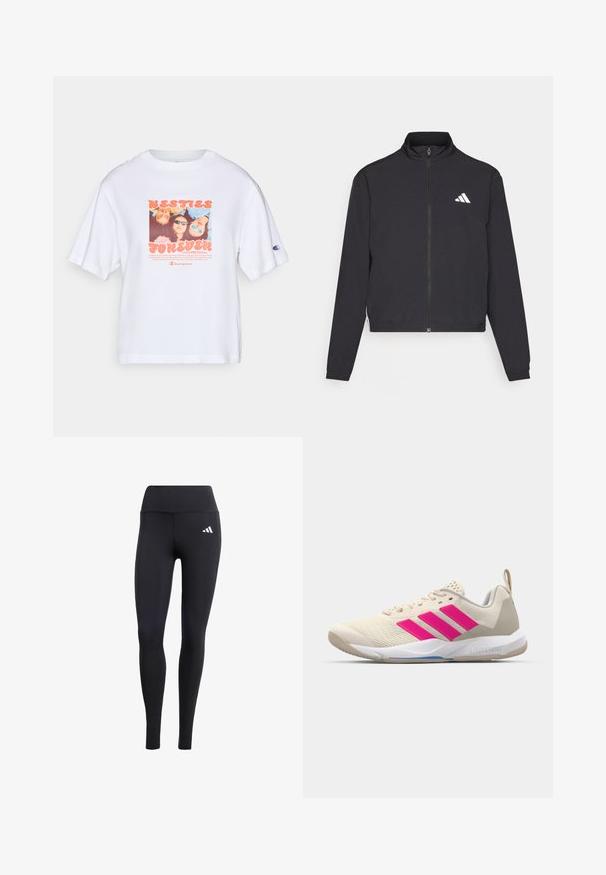 adidas Performance TRAIN ESSENTIALS 3 STRIPES WARM UP - Training jacket - black/white; White short-sleeve T-shirt featuring a colorful photo graphic adorned with the text "BESTIES FOREVER," and a Champion logo on the sleeve.; Black leggings made of stretchy material, featuring a high waistband and a small white logo, with a smooth, matte finish.; Beige athletic shoe with pink three-stripe logo, textured mesh upper, padded collar, and white rubber sole, featuring "LIGHTSTRIKE" branding.