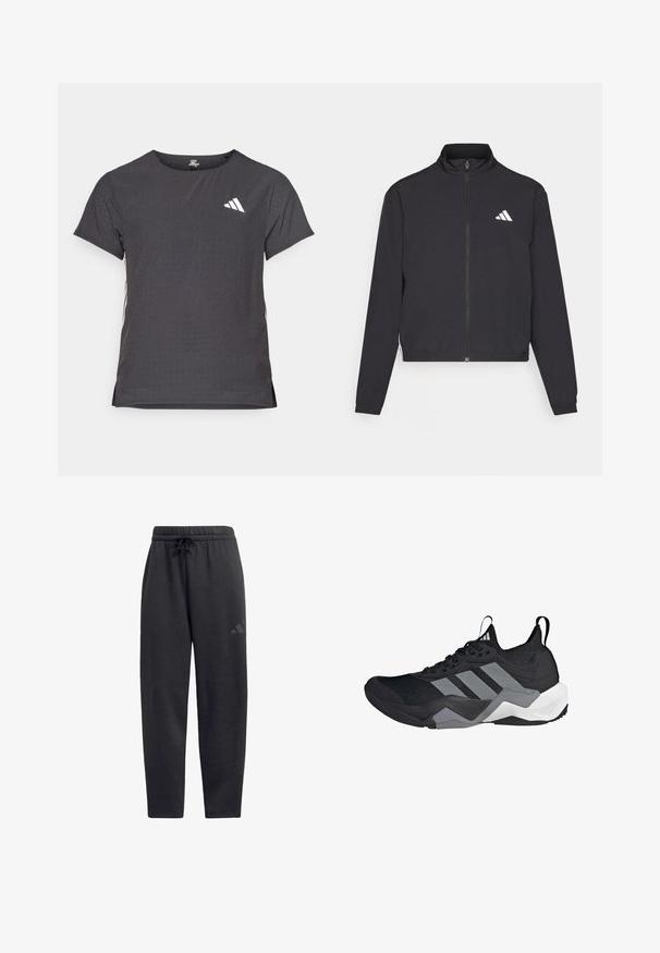 adidas Performance TRAIN ESSENTIALS 3 STRIPES WARM UP - Verryttelytakki - black/white; Lyhythihainen urheilupaita, tummanharmaa, jossa on reikäkudot. Ominaisuuksina valkoinen logo ja kontrastiväriset sivusuunnat. Pyöreä pääntie.; Mustat collegehousut pehmeästä kankaasta, joissa on elastinen vyötärönauha ja nauhakuulokkeet, suorat lahkeet ja huomaamaton logo reidessä.; Musta urheilukenkä, jossa on hengittävä verkko-yläosa, harmaat yksityiskohdat, teksturoitu pohja ja kolme erottuvaa raitaa sivussa.