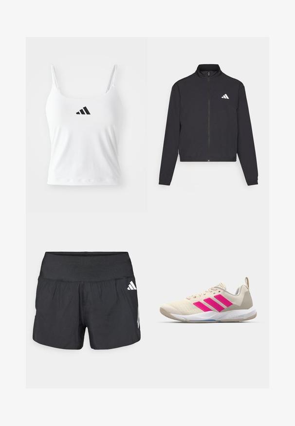 adidas Performance TRAIN ESSENTIALS 3 STRIPES WARM UP - Training jacket - black/white; White tank top with thin straps, featuring a black adidas logo on the front. Fabric has a smooth texture and a fitted silhouette.; Black athletic shorts featuring a wide elastic waistband, lightweight fabric, and white logo accents on the lower side.; Beige athletic shoe with pink three-stripe logo, textured mesh upper, padded collar, and white rubber sole, featuring "LIGHTSTRIKE" branding.