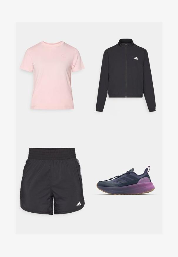 adidas Performance TRAIN ESSENTIALS 3 STRIPES WARM UP - Trainingsjacke - black/white; Rosa Baumwoll-T-Shirt mit kurzen Ärmeln, Rundhalsausschnitt und dezentem gesticktem Logo. Glatte Textur und entspannte Passform.; Schwarze Sportshorts mit elastischem Bund, seitlichen Taschen und weißen Streifenakzenten an den Seiten. Hergestellt aus leichtem Material.; adidas Performance ULTRABOOST 5 - Laufschuh Straße - shadow navy/legend ink/preloved purple