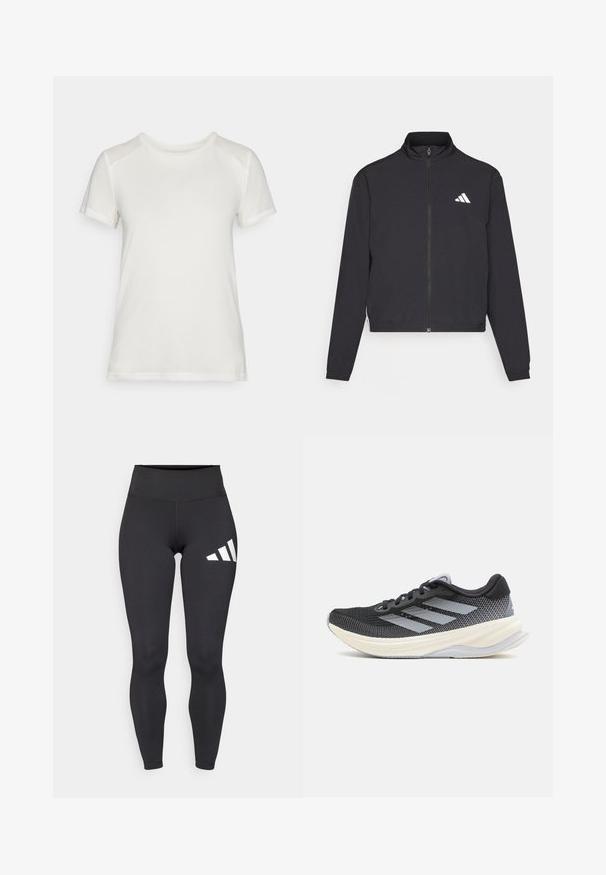 adidas Performance TRAIN ESSENTIALS 3 STRIPES WARM UP - Training jacket - black/white; White short-sleeve t-shirt made of soft fabric, featuring a round neckline and a relaxed fit with smooth, seamless shoulder accents.; Black leggings made of stretchy material feature a high waistband and three white diagonal stripes on the left thigh. Smooth texture.; adidas Performance SUPERNOVA SOLUTION - Road running shoes - core black/halo silver/dash grey