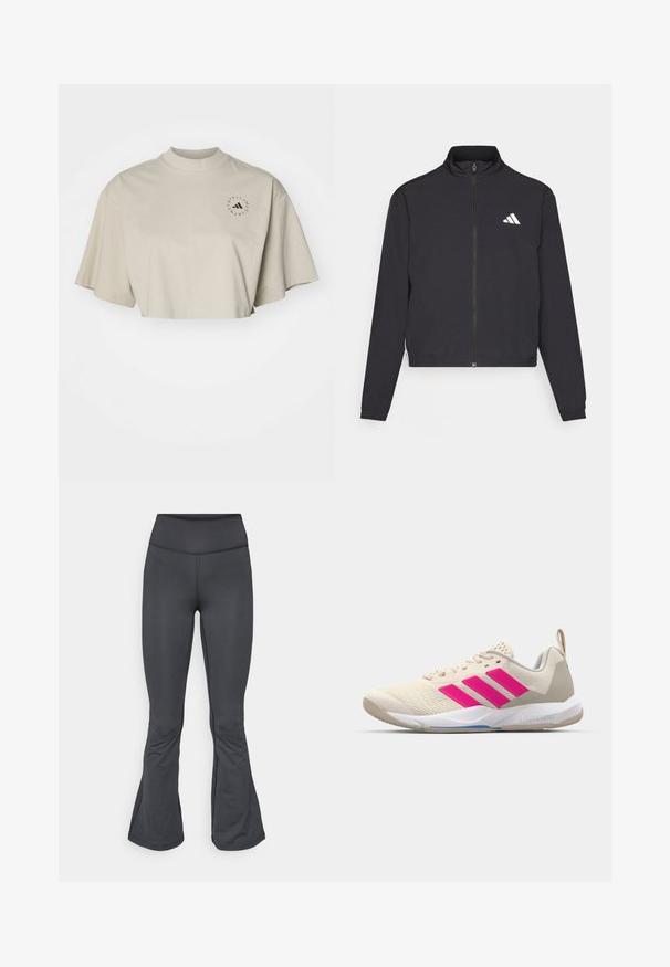 adidas Performance TRAIN ESSENTIALS 3 STRIPES WARM UP - Træningsjakke - black/white; Beskåret, t-shirt med korte ærmer i lysebeige bomuld. Har en høj hals og et sort rundt logo på venstre brystområde.; Grå leggings med en flagrende bunddesign, lavet af glat, strækbart materiale, med høj talje og sømfri konstruktion.; Beige sportsko med pink tre-stribede logo, tekstureret mesh overdel, polstret krave og hvid gummisål, med "LIGHTSTRIKE" branding.