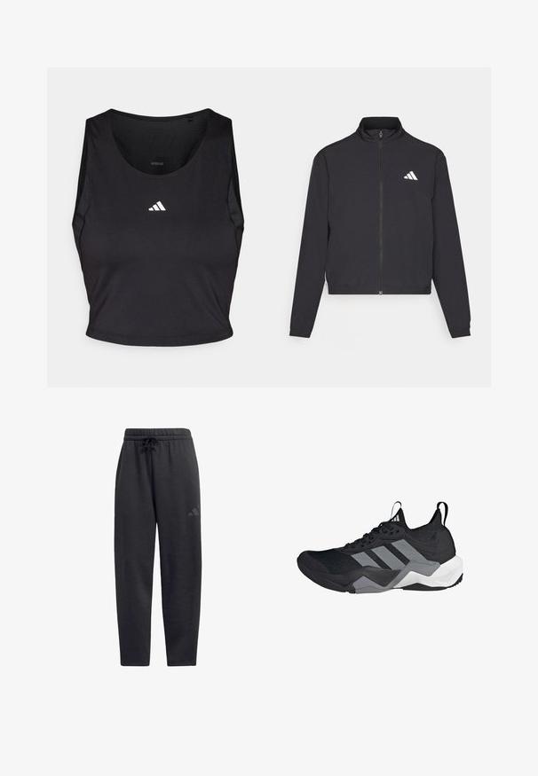 adidas Performance TRAIN ESSENTIALS 3 STRIPES WARM UP - Träningsjacka - black/white; Svart sportcrop top tillverkad av fukttransporterande tyg, med rund hals, ärmlös design och vitt logo på bröstet.; Svarta sweatpants i mjukt tyg, med elastisk midja och dragsko, raka ben och en diskret logotyp på låret.; Svart löparskor med ett ventilerande nätöverdela, grå accenter, strukturerad sula och tre distinkta ränder på sidan.