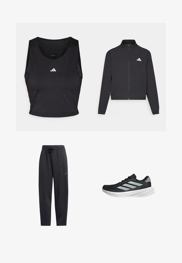 adidas Performance TRAIN ESSENTIALS 3 STRIPES WARM UP - Training jacket - black/white; Black sports crop top made from moisture-wicking fabric, featuring a round neck, sleeveless design, and white logo on the chest.; Black sweatpants made of soft fabric, featuring an elastic waistband with a drawstring, straight legs, and a discreet logo on the thigh.; Black running shoe with mesh upper, three silver stripes, white midsole, and textured outsole. Features padded collar and lace closure.