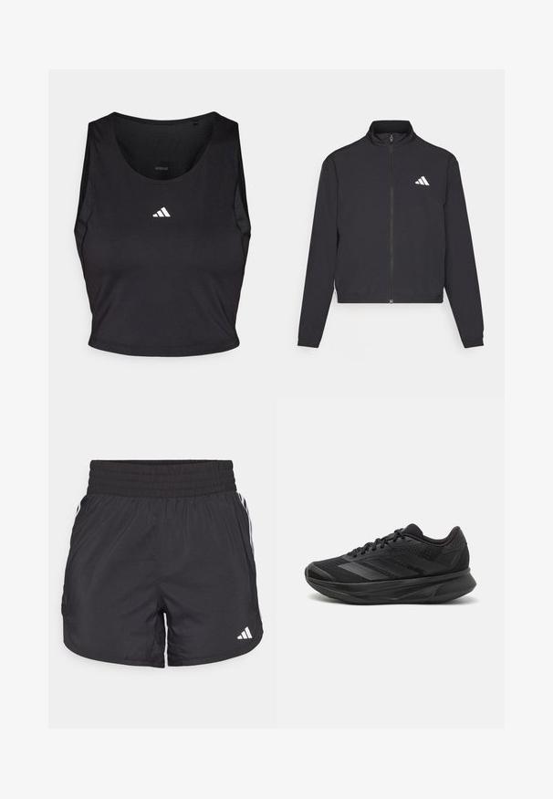 adidas Performance TRAIN ESSENTIALS 3 STRIPES WARM UP - Giacca sportiva - black/white; Crop top sportivo nero realizzato in tessuto traspirante, con collo rotondo, senza maniche e logo bianco sul petto.; Pantaloni sportivi neri con elastico in vita, tasche laterali e strisce bianche ai lati. Realizzati in materiale leggero.; Scarpa da corsa nera con tomaia in rete traspirante, punta rotonda, design elegante, dettagli testurizzati e suola ammortizzata per il comfort.