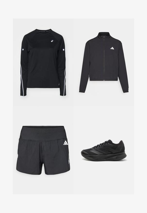 adidas Performance TRAIN ESSENTIALS 3 STRIPES WARM UP - Træningsjakke - black/white; Sort langærmet træningsshirt med raglanærmer, hvide reflekterende striber langs siderne og rund hals. Har et lille logo på brystet.; Sorte atletikshorts med bred elastisk talje, letvægtsstof og hvide logoaccents på den nederste side.; Sort løbesko med en åndbar mesh-overdel, afrundet tå, strømlinet design, teksturerede detaljer og en polstret sål for komfort.