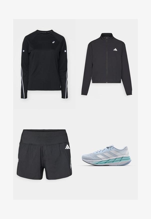 adidas Performance ESSENTIALS 3 STRIPES czarny; Czarna, długorękawowa koszulka sportowa z rękawami raglanowymi, białe odblaskowe paski po bokach oraz okrągły dekolt. Na piersi znajduje się małe logo.; Czarne spodenki sportowe z szerokim elastycznym pasem, lekkim materiałem i białymi akcentami logo na dolnej stronie.; Jasnoniebieskie buty sportowe z teksturowaną cholewką z dzianiny, białymi akcentami i przezroczystą zieloną podeszwą środkową. Okrągły czubek i wyściełany kołnierz.