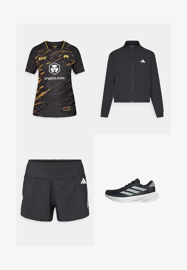 adidas Performance TRAIN ESSENTIALS 3 STRIPES WARM UP - Training jacket - black/white; Black and gold UFC jersey featuring a textured, abstract pattern, round neckline, short sleeves, and a central logo with “crypto.com” printed.; Black athletic shorts featuring a wide elastic waistband, lightweight fabric, and white logo accents on the lower side.; Black running shoe with mesh upper, three silver stripes, white midsole, and textured outsole. Features padded collar and lace closure.