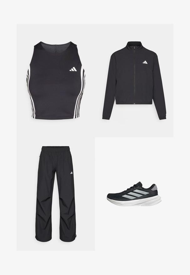 adidas Performance TRAIN ESSENTIALS 3 STRIPES WARM UP - Training jacket - black/white; Black athletic crop top made of stretchy material, featuring white side stripes and an Adidas logo accent on the left chest.; Black, lightweight, waterproof pants with an elastic waistband, side pockets, and adjustable cuffs. Features a white logo on the left thigh.; Black running shoe with mesh upper, three silver stripes, white midsole, and textured outsole. Features padded collar and lace closure.