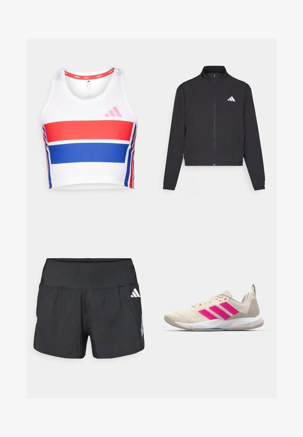 adidas Performance TRAIN ESSENTIALS 3 STRIPES WARM UP - Giacca sportiva - black/white; Top atletico bianco con strisce orizzontali rosse e blu. Presenta il logo adidas rosa, scollatura rotonda e una texture del tessuto morbida.; Pantaloncini sportivi neri con una fascia elastica larga in vita, tessuto leggero e dettagli del logo bianco sul lato inferiore.; Scarpa sportiva beige con logo a tre strisce rosa, tomaia in rete testurizzata, collo imbottito e suola in gomma bianca, con il marchio "LIGHTSTRIKE".