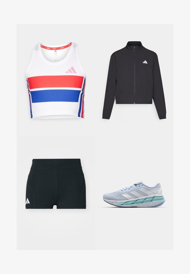 adidas Performance TRAIN ESSENTIALS 3 STRIPES WARM UP - Training jacket - black/white; Cropped athletic tank top in white with red and blue horizontal stripes. Features pink adidas logo, round neckline, and smooth fabric texture.; Black athletic shorts made of stretchy fabric, featuring a high waistband, fitted shape, and white Adidas logo on the left side.; Light blue athletic shoes with a textured knit upper, white accents, and a transparent green midsole. Rounded toe and padded collar.