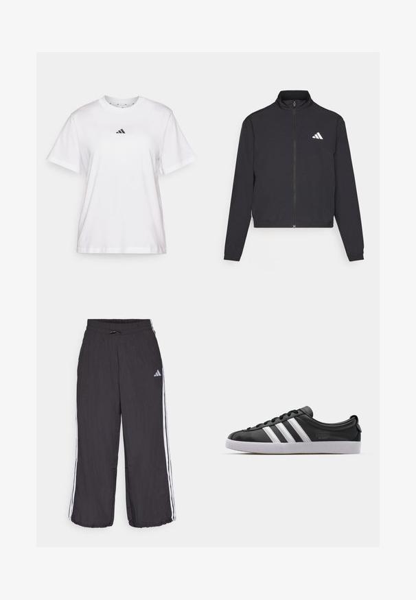 adidas Performance TRAIN ESSENTIALS 3 STRIPES WARM UP - Sportovní bunda - black/white; Bílá bavlněná trička s kulatým výstřihem, krátkými rukávy a malým černým logem na hrudi. Hladká textura, volný střih.; Černé tepláky s elastickým pasem, s bílými bočními pruhy a jemným logem na levé horní části nohavic. Lehký materiál.; Černé kožené tenisky s bílým trojitým pruhovaným designem, kulatou špičkou, plochou bílou gumovou podrážkou a značkovým detailem na boku.
