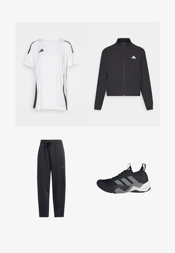 adidas Performance TRAIN ESSENTIALS 3 STRIPES WARM UP - Jakna za treniranje - black/white; Bijela atletska majica s crnim naglascima, s kratkim rukavima, okruglim izrezom i modernim dizajnom. Sadrži "AEROREADY" branding.; Crne trenirke od mekog materijala, s elastičnim pojasom i vezicom, ravnih nogavica i diskretnim logom na bedrima.; Crne sportske tenisice s prozračnom mrežastom gornjom stranom, sivim naglascima, teksturiranim đonom i tri prepoznatljive pruge sa strane.