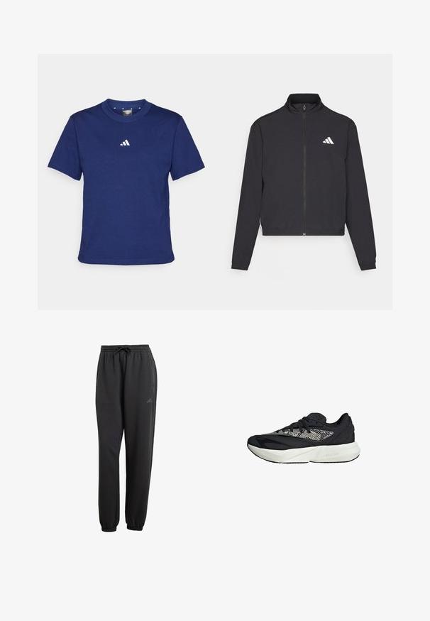 adidas Performance TRAIN ESSENTIALS 3 STRIPES WARM UP - Training jacket - black/white; Navy blue cotton t-shirt with short sleeves and a crew neck. Features a small white Adidas logo on the chest. Smooth texture.; Black sweatpants with a drawstring waist, elastic cuffs, side pockets, and a subtle logo, made of soft fabric with a smooth texture.; Black and grey sneaker featuring a textured knit upper, white midsole with "LIGHTSTRIKE" branding, and a rounded toe design.