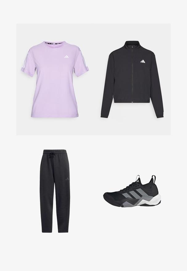 adidas Performance TRAIN ESSENTIALS 3 STRIPES WARM UP - Casaco de treino - black/white; Camiseta atlética lilás de manga curta, feita de um tecido respirável, com decote redondo, superfície texturizada e três riscas brancas nos ombros.; Calças de fato pretas feitas de tecido macio, com uma cintura elástica e um cordão, pernas retas e um logótipo discreto na coxa.; Shoe atlético preto com um cabedal de malha respirável, detalhes em cinza, sola texturizada e três riscas distintas de lado.