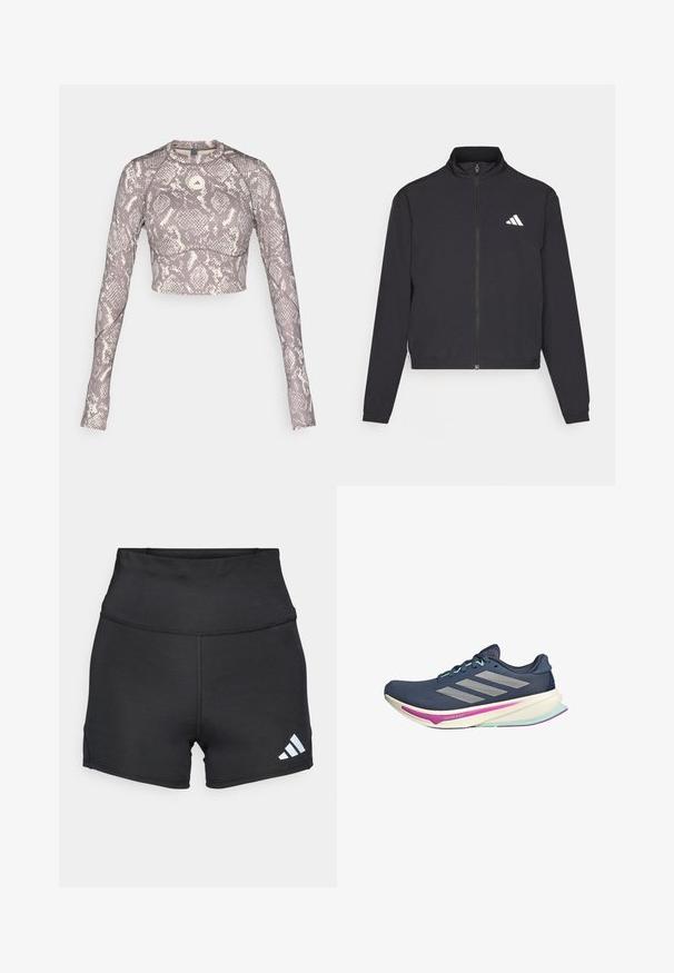 adidas Performance TRAIN ESSENTIALS 3 STRIPES WARM UP - Sportinė striukė - black/white; Trumpas ilgomis rankovėmis viršus purpurinės ir grietinėlės spalvos gyvatės rašto, su apvaliu iškirpimu ir lygiu elastingu audiniu.; adidas Performance Tamprės - black; Jūros jėgos bėgimo bateliai su tinkliniais viršutiniais audiniais, sidabrinėmis juostelėmis, mėtų akcentais ir paminkštintu padu, kuriame yra rožinės ir mėlynos detalės patogumui.