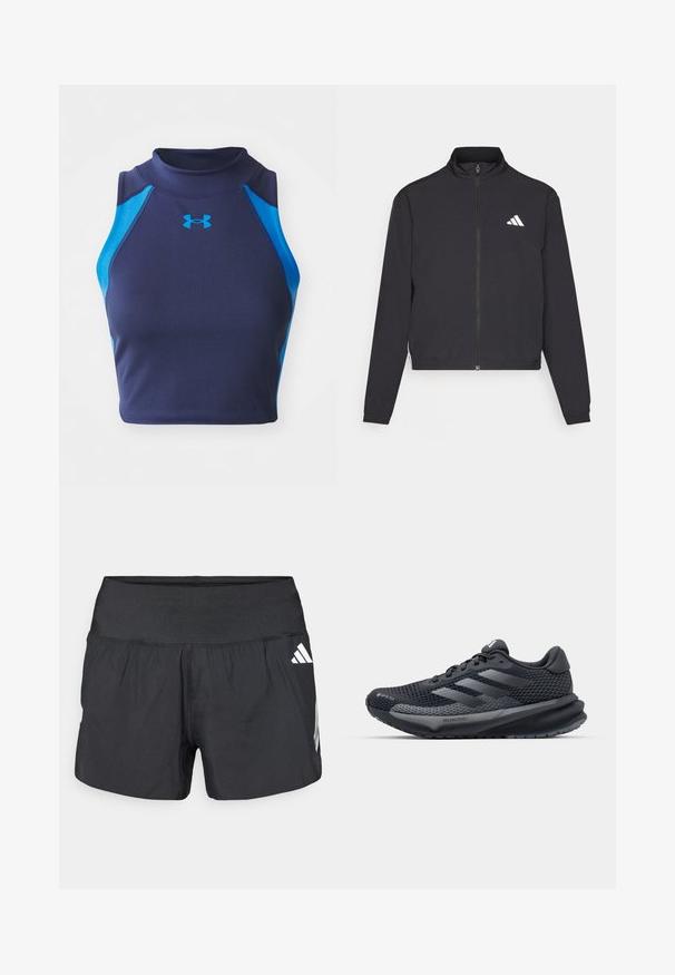adidas Performance TRAIN ESSENTIALS 3 STRIPES WARM UP - Training jacket - black/white; Navy sleeveless crop top in ribbed fabric with blue accents. Features a high neckline and Under Armour logo on the front.; Black athletic shorts featuring a wide elastic waistband, lightweight fabric, and white logo accents on the lower side.; Black athletic shoe with a textured mesh upper, reflective accents, cushioned sole, and a streamlined design. Features three stripe logo.