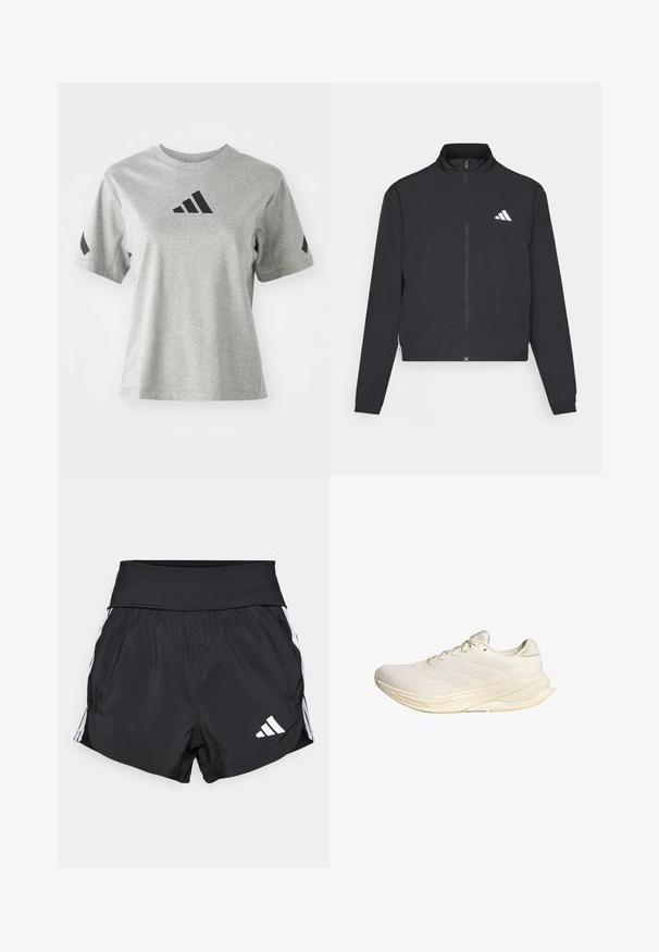 adidas Performance TRAIN ESSENTIALS 3 STRIPES WARM UP - Casaco de treino - black/white; T-shirt cinza de gola redonda feita de tecido suave, com um logo preto da Adidas no peito e detalhes pretos nas mangas.; Calções atléticos pretos feitos de material leve, com um cós largo, riscas brancas nas laterais e um pequeno logotipo branco na bainha inferior.; Sapatilha desportiva bege claro com parte superior em malha, atacadores planos e sola acolchoada. Apresenta um design de três riscas no lado lateral.