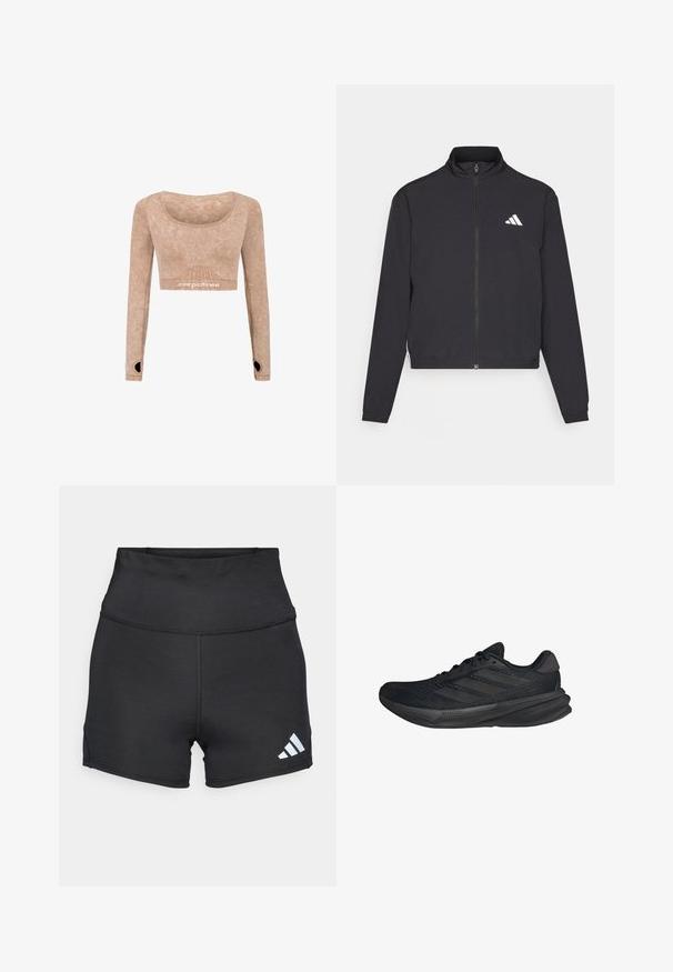 adidas Performance TRAIN ESSENTIALS 3 STRIPES WARM UP - Sportovní bunda - black/white; Dlouhý rukáv, zkrácený top v světle hnědé barvě, vyrobený z měkké tkaniny s hladkým povrchem; má výstřih do loďky a detaily otvorů pro palce na rukávech.; adidas Performance Punčochy - black; Černé sportovní boty s síťovaným svrškem, aerodynamickým tvarem, plochou podrážkou a třemi šikmými pruhy na boku. Lehký design pro pohodlí.
