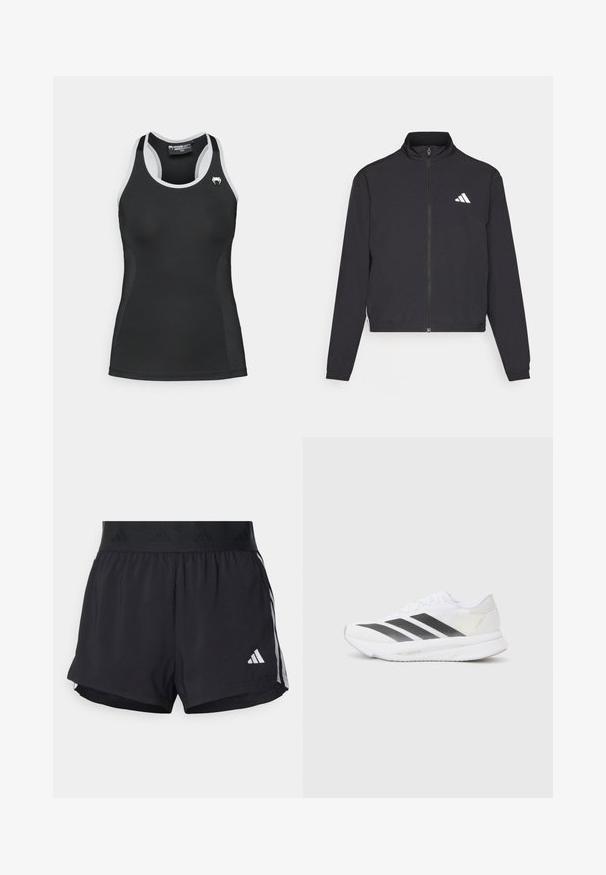 adidas Performance TRAIN ESSENTIALS 3 STRIPES WARM UP - Tréningová bunda - black/white; Čierny atletický top bez rukávov s bielymi detailmi, dizajn racerback, hladká textúra, priliehavý strih a malé biele logo na hrudi.; Čierne športové šortky s elastickým pásom, ktorý má textúrovanú pruh, bočné pruhy a biely logo Adidas na dolnom leme.; Biele športové topánky s čiernymi diagonálnymi pruhmi, sieťovinovým zvrškom, zaoblenou špičkou a textúrovanou podrážkou. Akcenty zahŕňajú striebornú pätu a minimalistický dizajn.