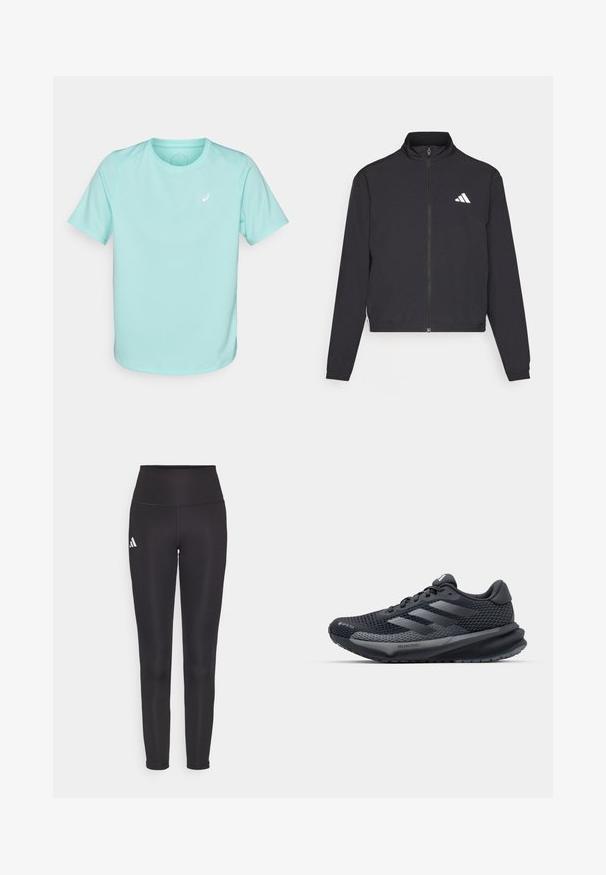 adidas Performance TRAIN ESSENTIALS 3 STRIPES WARM UP - Jakna za treniranje - black/white; Svijetloplava kratkotrajna atletska majica s kratkim rukavima izrađena od tkanine koja upija vlagu, s malim bijelim logotipom na prsima i okruglim izrezom.; Crne tajice visokog struka napravljene od rastezljivog materijala. Imaju bijeli logo s lijeve strane i elegantan, bezšavni dizajn. Glatka tekstura.; Crne atletske cipele s teksturiranim mrežastim gornjim dijelom, reflektirajućim detaljima, ublaženim potplatom i aerodinamičnim dizajnom. Sadrži logo s tri pruge.