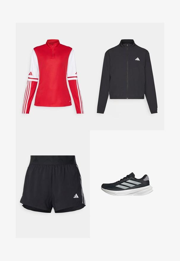 adidas Performance TRAIN ESSENTIALS 3 STRIPES WARM UP - Giacca sportiva - black/white; Maglietta atletica rossa a maniche lunghe con colletto alto, accenti bianchi sulle maniche e tre strisce bianche lungo le maniche. Presenta una parte frontale a metà zip.; Pantaloni sportivi neri con cintura elasticizzata, dotati di una banda testurizzata, strisce laterali e un logo Adidas bianco sull'orlo inferiore.; Scarpa da corsa nera con tomaia in mesh, tre strisce argentate, intersuola bianca e suola testurizzata. Presenta un colletto imbottito e chiusura con lacci.