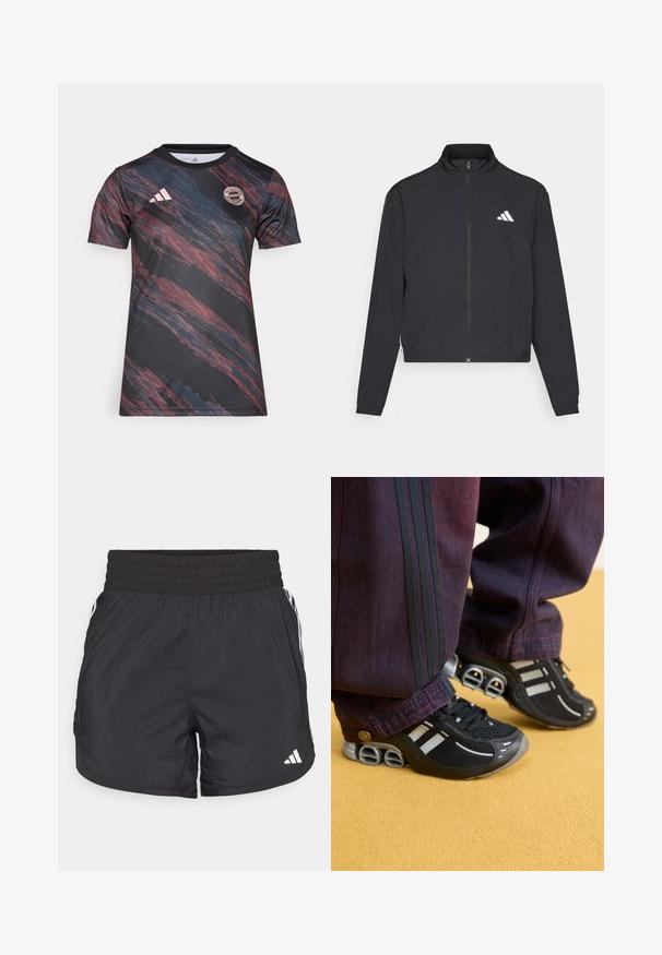 adidas Performance TRAIN ESSENTIALS 3 STRIPES WARM UP - Casaco de treino - black/white; Camisola atlética preta com riscas abstratas em vermelho e azul, logotipo da Adidas, decote arredondado e emblema do Bayern de Munique. Feita de tecido suave.; Calções de desporto pretos com um cós elástico, bolsos laterais e detalhes em lista branca nas laterais. Feitos de material leve.; Sapatilhas atléticas pretas com detalhes prateados e parte superior em malha texturizada. Calças roxas escuras com três riscas pretas nas laterais. Superfície de chão amarela.