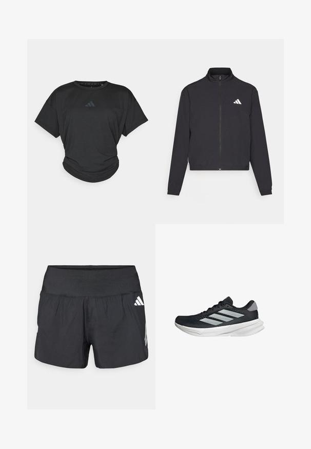 adidas Performance TRAIN ESSENTIALS 3 STRIPES WARM UP - Trainingsvest - black/white; Zwarte sportieve t-shirt met korte mouwen, ronde hals en een licht geplooide zoom. Heeft een subtiele donkere logo op de borst.; Zwarte sportshorts met een brede elastische tailleband, lichtgewicht stof en witte logo-accenten aan de onderkant zijkant.; Zwarte hardloopschoen met een mesh bovenzijde, drie zilveren strepen, witte middenzool en een gestructureerde loopzool. Heeft een gevoerde kraag en een vetersluiting.