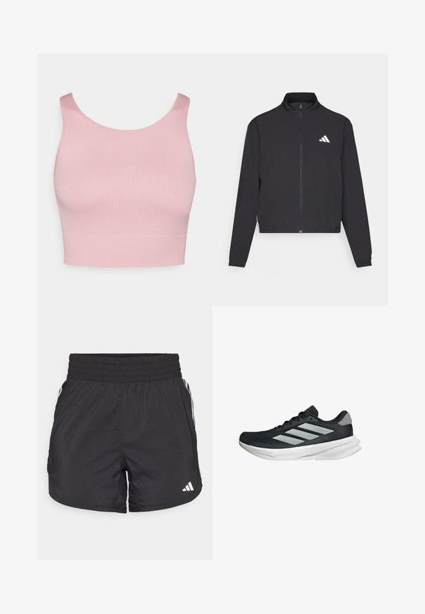 adidas Performance TRAIN ESSENTIALS 3 STRIPES WARM UP - Training jacket - black/white; Pink ribbed crop top with a rounded neckline and wide shoulder straps, featuring a smooth texture and a fitted silhouette.; Black athletic shorts with an elastic waistband, side pockets, and white stripe accents on the sides. Made of lightweight material.; Black running shoe with mesh upper, three silver stripes, white midsole, and textured outsole. Features padded collar and lace closure.