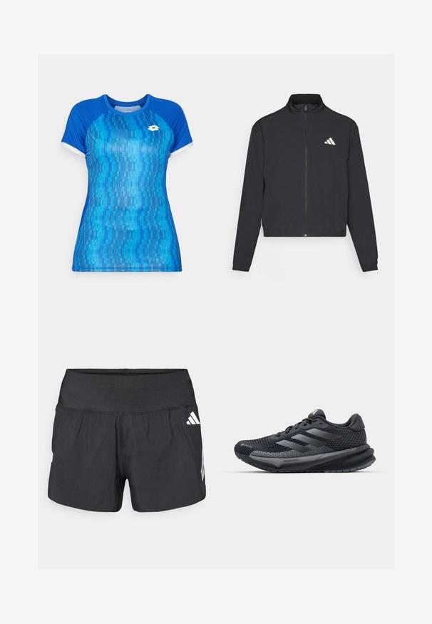 adidas Performance TRAIN ESSENTIALS 3 STRIPES WARM UP - Chaqueta de entrenamiento - black/white; Camiseta deportiva azul de manga corta, con un patrón texturizado y abstracto en diferentes tonos de azul y detalles en blanco en las mangas.; Pantalones cortos deportivos negros con una amplia cintura elástica, tela ligera y detalles de logo blancos en el lateral inferior.; Zapatilla deportiva negra con parte superior de malla texturizada, acentos reflectantes, suela acolchada y un diseño aerodinámico. Presenta el logo de tres rayas.