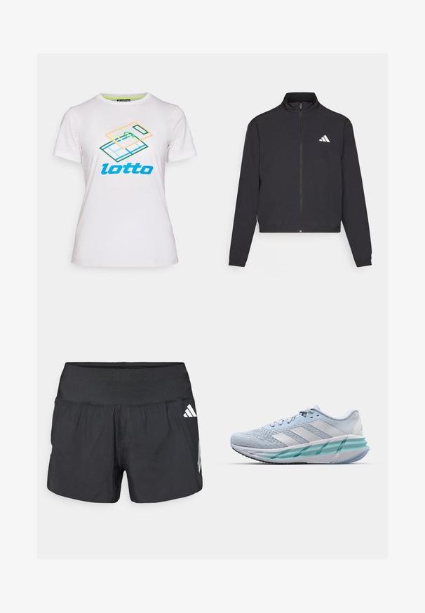 adidas Performance TRAIN ESSENTIALS 3 STRIPES WARM UP - Trainingsvest - black/white; Witte korte mouwen t-shirt van katoen, met een kleurraf geometrische grafiek en het "lotto" logo in het blauw over de voorkant.; Zwarte sportshorts met een brede elastische tailleband, lichtgewicht stof en witte logo-accenten aan de onderkant zijkant.; Lichtblauwe sportschoenen met een gestructureerde breitbovenkant, witte accenten en een doorzichtige groene tussenzool. Ronde neus en gevoerde kraag.