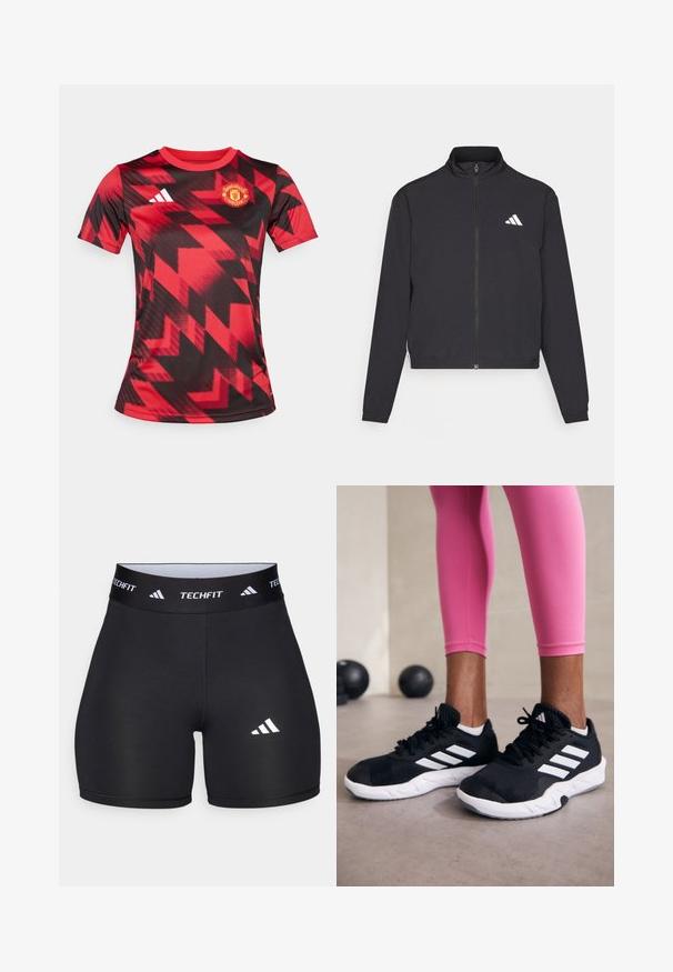 adidas Performance TRAIN ESSENTIALS 3 STRIPES WARM UP - Træningsjakke - black/white; Rød og sort kortærmet fodboldsjakke med geometrisk print, udstyret med Manchester United-logoet på venstre bryst og et Adidas-logo på højre.; Sorte shorts lavet af strækbart stof med en tætsiddende design. Har en bred sort elastik med påskriften "TECHFIT" og et hvidt logo på benet.; Sorte sportssko med hvide striber, tekstureret mesh-overdel og en hvid sål. Bæres med pink leggings, der fremhæver træningstøj.