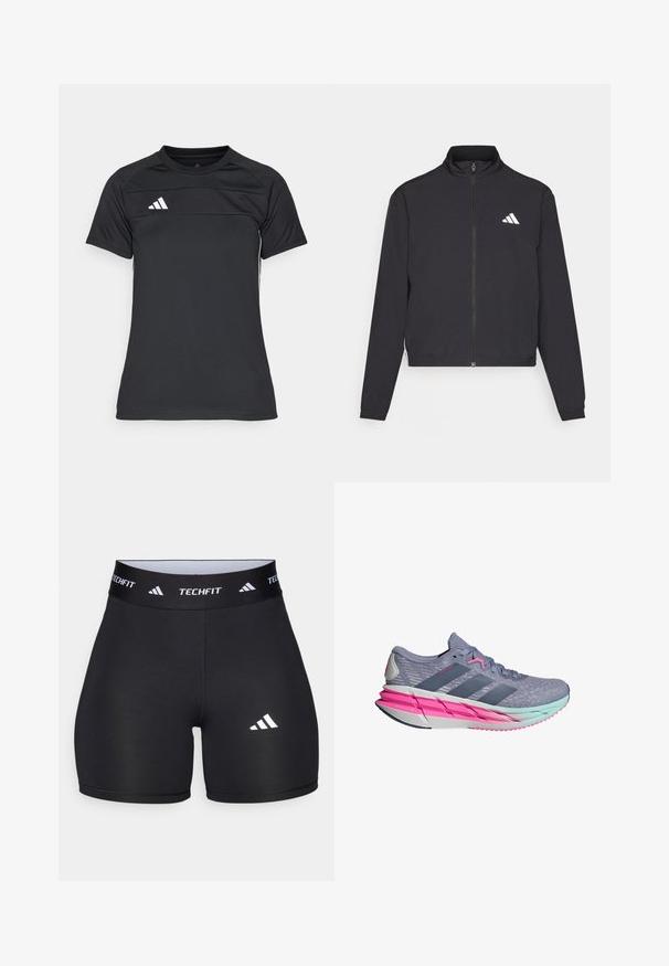 adidas Performance TRAIN ESSENTIALS 3 STRIPES WARM UP - Veste de survêtement - black/white; T-shirt de sport noir fabriqué en tissu léger. Il possède un col rond, des manches courtes et un logo avec trois rayures blanches sur le coin supérieur gauche.; Shorts noirs en tissu extensible avec un design ajusté. Dotés d'une large ceinture noire portant l'étiquette "TECHFIT" et d'un logo blanc sur la jambe.; Baskets de sport grises avec une tige en mesh respirant, des accents roses et une semelle intermédiaire légère avec un design dégradé dans des nuances de bleu-vert.