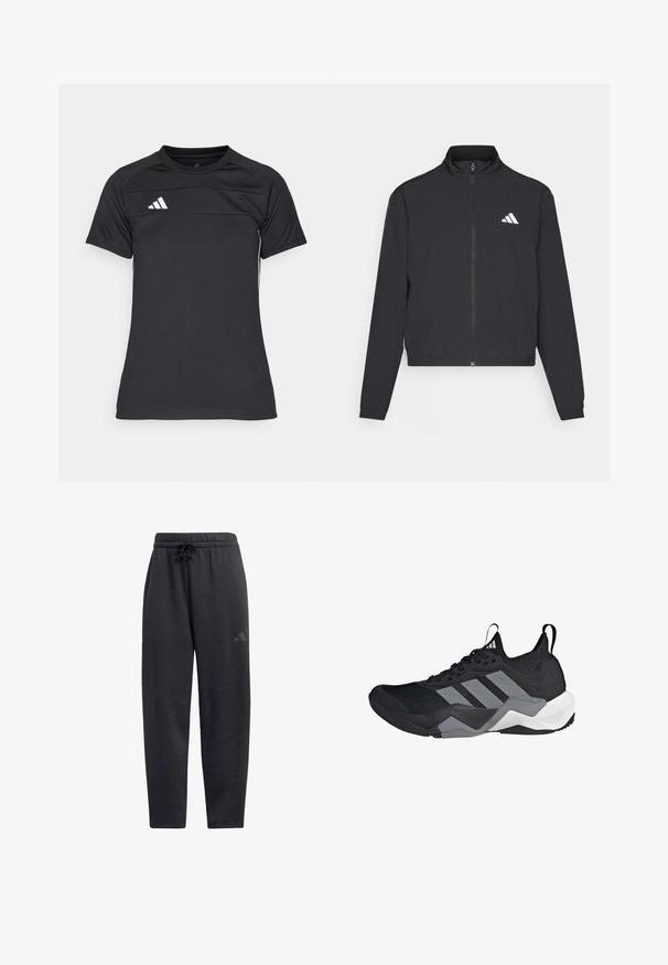 adidas Performance TRAIN ESSENTIALS 3 STRIPES WARM UP - Trainingsjacke - black/white; Schwarzes Sportshirt aus leichtem Stoff. Verfügt über einen Rundhalsausschnitt, kurze Ärmel und ein weißes Streifenlogo auf der oberen linken Seite.; Schwarze Sweatpants aus weichem Stoff, mit einem elastischen Bund und Kordelzug, geraden Beinen und einem dezenten Logo auf dem Oberschenkel.; Schwarzer Sportschuh mit einem atmungsaktiven Mesh-Obermaterial, grauen Akzenten, strukturiertem Sohlenprofil und drei markanten Streifen an der Seite.