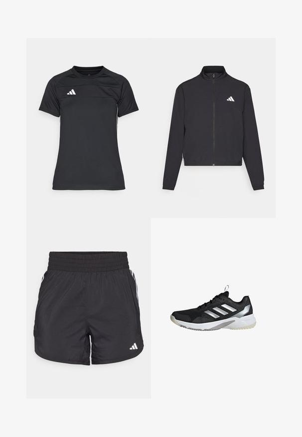 adidas Performance TRAIN ESSENTIALS 3 STRIPES WARM UP - Jakna za treniranje - black/white; Crna atletska majica od laganog materijala. Ima okrugli izrez, kratke rukave i logo sa tri bijele pruge na gornjem lijevom dijelu.; Crne atletske kratke hlače s elastičnom trakom u struku, bočnim džepovima i bijelim prugama sa strane. Izrađene su od laganog materijala.; Crna atletska cipela s gornjim dijelom od mrežaste tkanine, tri srebrne pruge, gumenim potplatom i ojačanim prednjim dijelom. Ima petlju za povlačenje radi lakšeg obuvanja.