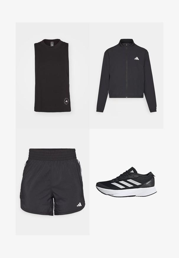 adidas Performance TRAIN ESSENTIALS 3 STRIPES WARM UP - Trainingsjacke - black/white; Schwarzes ärmelloses Top aus weichem Baumwollstoff, mit Rundhalsausschnitt und einem runden weißen Logo unten rechts.; Schwarze Sportshorts mit elastischem Bund, seitlichen Taschen und weißen Streifenakzenten an den Seiten. Hergestellt aus leichtem Material.; Schwarze Sportschuh mit einem atmungsaktiven Mesh-Obermaterial, weißen Streifen, einer dicken weißen Zwischensohle und einer strukturierten schwarzen Gummilaufsohle.