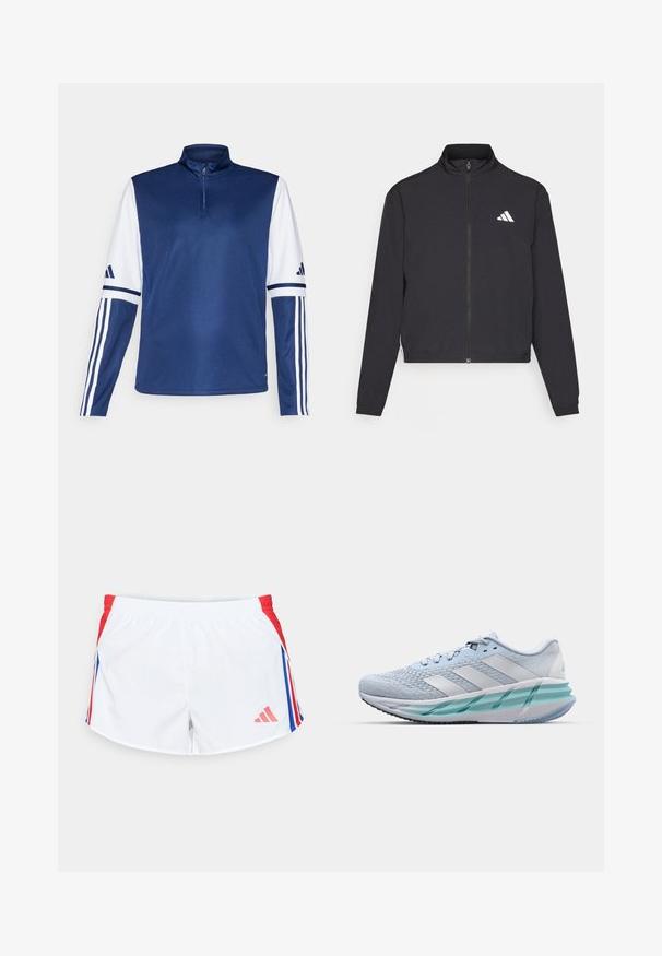 adidas Performance TRAIN ESSENTIALS 3 STRIPES WARM UP - Trainingsjacke - black/white; Dunkelblauer Sportpullover mit einem Viertelreißverschluss-Kragen, weißen Ärmeln, drei weißen Streifen an jedem Arm und einer glatten Textur.; Weiße Sportshorts mit roten Seitenpaneelen und blauen Streifen. Elastischer Bund und Logo auf der unteren linken Seite. Glatte Stoffoberfläche.; Helle blaue Sportschuhe mit einem strukturierten Strickobermaterial, weißen Akzenten und einer transparenten grünen Zwischensohle. Abgerundete Zehenpartie und gepolsterter Schaft.