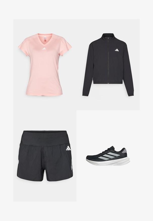 adidas Performance ESSENTIALS 3 STRIPES czarny; adidas Performance - Koszulka sportowa; Czarne spodenki sportowe z szerokim elastycznym pasem, lekkim materiałem i białymi akcentami logo na dolnej stronie.; Czarny but biegowy z siateczkowym wierzchem, trzema srebrnymi paskami, białą podeszwą środkową i teksturowaną podeszwą zewnętrzną. Posiada wyściełany kołnierz i zapięcie na sznurówki.