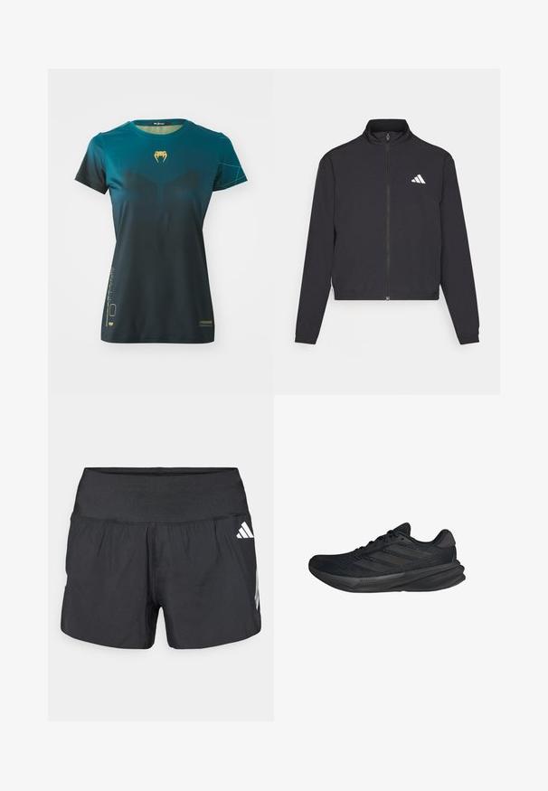 adidas Performance TRAIN ESSENTIALS 3 STRIPES WARM UP - Verryttelytakki - black/white; Teeman sininen lyhythihainen t-paita, jossa on kultainen käärme-logo, gradienttisuunnittelu, geometriset korostukset ja hengittävä materiaali.; Musta urheilushortsit, joissa on leveä joustava vyötärönauha, kevyt kangas ja valkoiset logokoristeet alaosassa sivulla.; Mustat urheilukengät, joissa on verkkopinta, virtaviivainen muoto, litteä pohja ja kolme vinoa raitaa sivussa. Kevyt muotoilu mukavuutta varten.