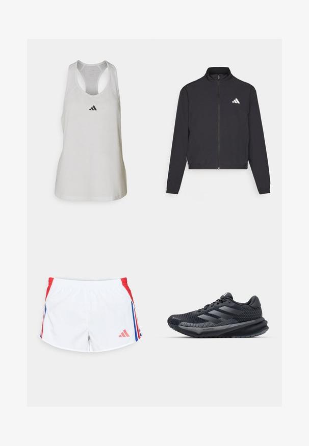 adidas Performance TRAIN ESSENTIALS 3 STRIPES WARM UP - Veste de survêtement - black/white; Débardeur de sport blanc en tissu léger avec un dos nageur et un petit logo noir sur la poitrine.; Shorts de sport blancs avec des panneaux latéraux rouges ornés de rayures bleues. Taille élastique et logo en bas à gauche. Texture de tissu lisse.; Chaussure de sport noire avec une tige en mesh texturé, des accents réfléchissants, une semelle rembourrée et un design épuré. Présente le logo à trois bandes.