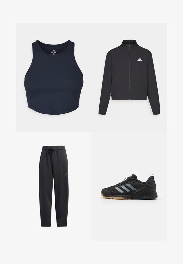 adidas Performance TRAIN ESSENTIALS 3 STRIPES WARM UP - Training jacket - black/white; Navy blue cropped tank top made of ribbed fabric, featuring a round neck and wide shoulder straps, with a small logo tag at the hem.; Black sweatpants made of soft fabric, featuring an elastic waistband with a drawstring, straight legs, and a discreet logo on the thigh.; Black athletic shoe with mesh upper, grey three-stripe design, rubber sole, and textured accents on the heel and side.
